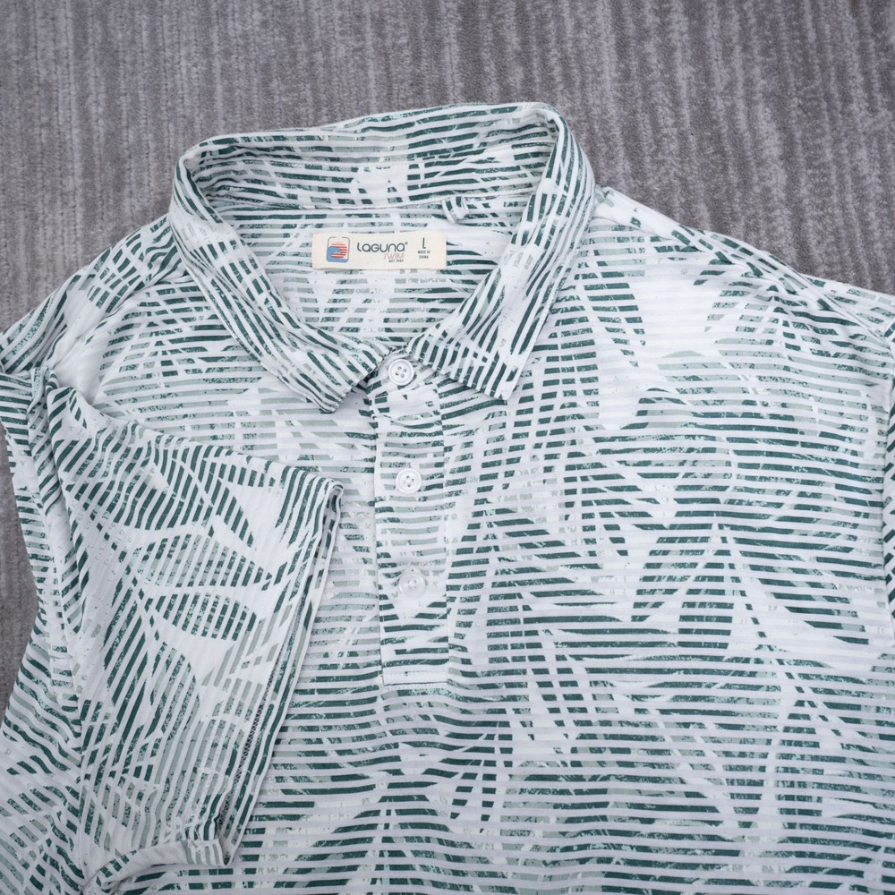 Laguna Swim Mens Large Green White Tropical Palm Leaf Print Polo Shirt LMX5989